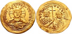Basil II Bulgaroktonos, with Constantine VIII. 976-1025. AV Histamenon Nomisma (26mm, 4.42 g, 6h). Constantinople mint. Struck 1005-1025. Facing bust of Christ Pantokrator; annulets in upper quarters 