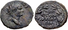 LYDIA, Sardis. Vespasian. AD 69-79. Æ (23mm, 6.68 g, 12h). T. Flavius Eisigonos, strategos. Laureate head right / ΦΛ ЄI/CIΓON/OY CAP/ΔIA in four lines within laurel wreath. RPC II 1315; SNG Copenhagen