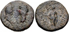 LYDIA, Tralles. Claudius, with Messalina and Britannicus. AD 41-54. Æ (20mm, 5.03 g, 11h). Struck AD 43-49. Draped bust of Messalina right, facing laureate head of Claudius left / Britannicus, togate,