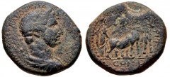 JUDAEA, Aelia Capitolina (Jerusalem). Hadrian. AD 117-138. Æ (22mm, 11.83 g, 12h). Laureate, draped, and cuirassed bust right / Hadrian, as founder, plowing right with yoke of two oxen; vexillum in ba