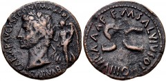 Augustus. 27 BC-AD 14. Æ ‘Dupondius’ (29mm, 9.50 g, 2h). Rome mint; M. Salvius Otho, moneyer. Struck 7 BC. Laureate head of Augustus left; behind, Victory left, crowning him with wreath and holding co