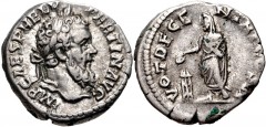 Pertinax. AD 193. AR Denarius (17mm, 3.58 g, 12h). Rome mint. Laureate head right / Pertinax, veiled and draped, standing facing, head left, sacrificing from patera over tripod to left and holding vol