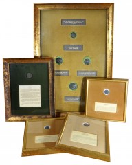 Lot of eight modern reproductions of ancient coins in five framed display pieces. Lot includes the following framed reproductions with historical notes: Kings of Bithynia. Nikomedes III. Tetradrachm /