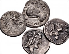 ROMAN. Republican-Imperial. Lot of four (4) AR Denarii. Includes: REPUBLICAN: L. Marcius Philippus // L. Julius Bursio. Dacian imitation // IMPERIAL: Commodus // Julia Paula. Average Near VF, porosity
