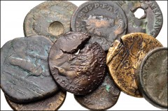 ROMAN. Imperial. Lot of nine (9) Æ Asses and Sestertii from Caligula. All coins altered in antiquity. Includes: Gaius (Caligula). Æ As. Pierced // Nero. Æ Sestertius. Hammered and deformed // Nero. Æ 