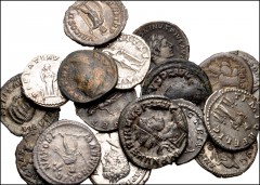 ROMAN. Imperial. Lot of eighteen (18) silver and bronze coins from Vespasian to Numerian. All coins AR Denarii unless otherwise noted. Includes. Vespasian // Antoninus Pius // Faustina Senior. Fourrée