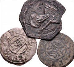 EARLY MEDIEVAL. Crusaders. Lot of three (3) billon and bronze coins. Includes: KINGDOM of JERUSALEM, Baldwin III. BI Denier // KINGDOM of ANTIOCH, Baldwin III. Æ Follis // COUNTY of TRIPOLI, Bohemund 