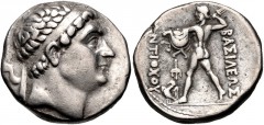 BAKTRIA, Greco-Baktrian Kingdom. Antiochos Nikator. Circa 240-225 BC. AR Tetradrachm (25mm, 16.61 g, 6h). Mint A (near Aï Khanoum). Diademed head right / Zeus Bremetes advancing left, brandishing aegi