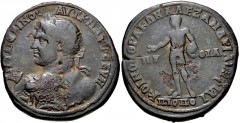 THRACE, Philippopolis. Caracalla. AD 198-217. Æ Medallion (41mm, 40.04 g, 6h). Struck AD 214. Laureate heroic-style bust left, seen from behind, wearing aegis / Discobolus standing left, holding three