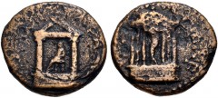 JUDAEA, Caesarea Panias. Diva Poppaea and Diva Claudia. Died AD 65 and AD 63. Æ (19mm, 5.21 g, 12h). Struck AD 65-68. Statue of Diva Poppaea seated left within distyle temple / Statue of Diva Claudia 