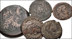 MIXED. Greek-Roman Imperial. Lot of five (5) bronze coins. Includes: GREEK: Ptolemaic Kings of Egypt, Ptolemy IV-V. Æ Drachm // ROMAN IMPERIAL: Diocletian. Æ Radiate Fraction // Galerius. Æ Follis // 