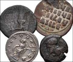 MIXED. Greek-Byzantine. Lot of four (4) silver and bronze coins. Includes: GREEK: Sicily, Syracuse. Æ 20mm// ROMAN PROVINCIAL: Macedon, Thessalonica. Commodus. Æ 27mm // ROMAN IMPERIAL: Gordian III. A