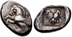 DYNASTS of LYCIA. Uncertain dynast. Circa 520-470/60 BC. AR Stater (22mm, 9.33 g, 12h). Pegasos left / Facing lion’s scalp within incuse square. Falghera –; SNG Copenhagen –; SNG von Aulock 4082. VF, 