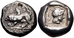 DYNASTS of LYCIA. Uncertain dynast. Circa 480/70-430 BC. AR Stater (17mm, 8.55 g, 2h). Chimaera left / Helmeted male head (Perseus?) right within incuse square. Falghera –; SNG Copenhagen Supp. –; Peu