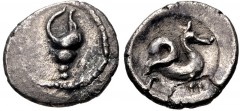 DYNASTS of LYCIA. Uncertain dynast. Circa 380-370 BC. AR Obol (10mm, 0.57 g, 2h). Murex shell / Sea serpent (ketos?). CNG 70, lot 305 and CNG 93, lot 429; otherwise unpublished. Good Fine, toned, depo