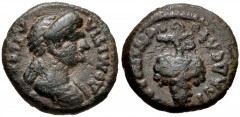 LYDIA, Philadelphia. Domitia. Augusta, AD 82-96. Æ (14mm, 2.29 g, 6h). Draped bust right / Grape bunch on vine. RPC II 1336; SNG Copenhagen 379. VF, green patina.