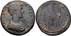 LYDIA, Sardis. Commodus. As Caesar, AD 166-177. Æ (30mm, 15.27 g, 6h). G. Asinius Frugi, archon. Bareheaded and draped bust right / Facing cult statue of Kore of Sardis; poppy to left, grain ear to ri