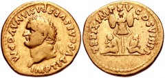 Titus. AD 79-81. AV Aureus (19mm, 7.10 g, 7h). Rome mint. Struck January-June AD 80. IMP TITVS CAES VESPASIAN AVG P M, laureate head left / TR P IX IMP XV COS VIII P P, trophy with two captives seated