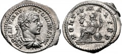 Elagabalus. AD 218-222. AR Denarius (21mm, 3.02 g, 6h). Rome mint. Struck AD 218. Laureate, draped, and cuirassed bust right / Roma seated left, holding Victory and scepter; shield below. RIC IV 8; Th