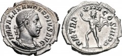 Severus Alexander. AD 222-235. AR Denarius (21mm, 3.61 g, 6h). Rome mint. 18th emission, January–February/March AD 235. Laureate, draped, and cuirassed bust right / Sol, radiate, standing left, raisin