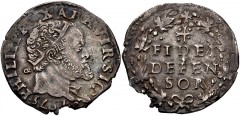 ITALY, Napoli (Regno). Filippo II di Spagna. 1554-1598. AR Carlino (24mm, 2.85 g, 11h). Second Period. Napoli (Naples) mint; Germano Ravaschieri, mintmaster; Vincenzo Porzio, trial master. Dated 1575.