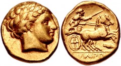 KINGS of MACEDON. temp. Philip II – Alexander III. Circa 340/36-328 BC. AV Stater (15mm, 8.53 g, 1h). In the name and types of Philip II. Amphipolis mint. Laureate head of Apollo right / Charioteer dr