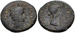 LYDIA, Magnesia ad Sipylum. Augustus, with Julia Augusta (Livia). 27 BC-AD 14. Æ (17mm, 2.75 g, 12h). Struck circa 2 BC. Bare head of Augustus right / Bare head of Julia Augusta (Livia) right. RPC I 2