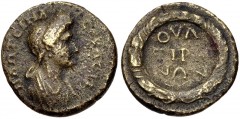 LYDIA, Thyateira. Plotina. Augusta, AD 105-123. Æ (15mm, 1.94 g, 6h). Draped bust right / Ethnic in three lines within wreath. SNG Copenhagen –; SNG von Aulock –; Waddington 5357; Mionnet IV, 903. Nea