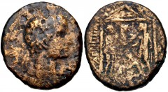 JUDAEA, Herodians. Agrippa I, with Caligula. 37-43 CE. Æ (25mm, 14.04 g, 12h). Caesarea Maritima mint. Dated RY 7 (42/3 CE). Laureate head of Caligula right / Two figures standing facing one another, 