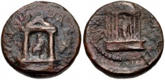 JUDAEA, Caesarea Panias. Diva Poppaea and Diva Claudia. Died AD 65 and AD 63. Æ (19mm, 6.21 g, 12h). Struck AD 65-68. Statue of Diva Poppaea seated left within distyle temple / Statue of Diva Claudia 