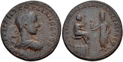 MESOPOTAMIA, Edessa. Gordian III, with Abgar X Phraates. AD 238-244. Æ (31mm, 17.55 g, 10h). Laureate, draped, and cuirassed bust right / Abgar X standing left, placing hand on sword hilt and presenti