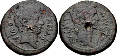 The Triumvirs. Octavian and Divus Julius Caesar. 38 BC. Æ Sestertius (or Dupondius?) (30mm, 17.60 g, 7h). Uncertain South Italian mint. Bare head of Octavian right; DIVI F behind, CAESAR before / Wrea