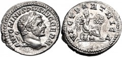 Caracalla. AD 198-217. AR Denarius (19mm, 3.11 g, 7h). Rome mint. Struck AD 217. Laureate head right / VICT PARTHICA, Victory seated right on cuirass, inscribing VO/XX in two lines on shield set on he