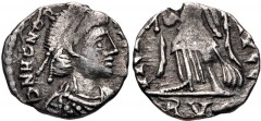 VANDALS. Gaiseric to Gunthamund. Circa 440-490. AR Half Siliqua (12mm, 0.93 g, 12h). Pseudo-Ravenna mint in Carthage. Struck in the name of Honorius. Pearl-diademed, draped, and cuirassed bust right /