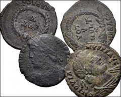 ROMAN. Imperial. Lot of four (4) bronze coins of Jovian. Includes: Rome mint. RIC VIII 333 // Heraclea mint. RIC VIII 111 // Heraclea mint. RIC VIII 108 // Constantinople mint. RIC VIII 178. Average G