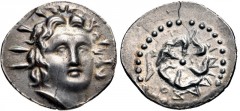 ISLANDS off CARIA, Rhodos. Rhodes. Circa 88/42 BC-AD 14. AR Drachm (21mm, 4.14 g, 9h). Phainilas, magistrate. Radiate head of Helios facing slightly right / Rose seen from above; ΦAINIΛAΣ above, akros