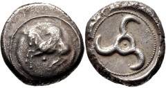 DYNASTS of LYCIA. Uncertain dynast. Circa 480/70-430 BC. AR Stater (19mm, 9.76 g). Pegasos flying left; pellet below; all on raised round shield / Triskeles within circular incuse. Falghera 73 var. (n