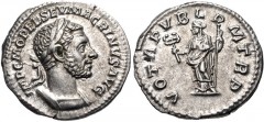 Macrinus. AD 217-218. AR Denarius (19mm, 3.10 g, 6h). Rome mint. 1st emission, AD 217. Laureate and cuirassed bust right / Felicitas standing left, holding caduceus and scepter. RIC IV 6; Clay Issue 1