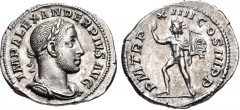 Severus Alexander. AD 222-235. AR Denarius (20mm, 3.13 g, 7h). Rome mint. 18th emission, January–February/March AD 235. Laureate, draped, and cuirassed bust right / Sol, radiate, standing left, raisin