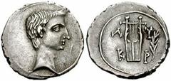 LYCIAN LEAGUE, Kragos. Augustus. 27 BC-14 AD. AR Drachm (19mm, 3.58 gm). Struck circa 27-20 BC. Bare head of Augustus right / Λ-Υ K-P, lyre; palm right. Troxell, Lycia 111; RPC I 3307; SNG von Aulock 