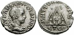 CAPPADOCIA, Caesarea. Gordian III. 238-244 AD. AR Didrachm (20mm, 6.12 gm). Dated year 5 (241/242 AD). Laureate draped bust right, seen from behind / Mount Argaeus flanked by pellets; ETE in exergue. 