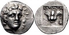 ISLANDS off CARIA, Rhodos. Rhodes. Circa 125-88 BC. AR Hemidrachm (13mm, 1.40 g, 12h). ‘Plinthophoric’ coinage. Antipatros, magistrate. Radiate head of Helios facing slightly right / Rose with bud to 