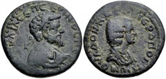 CILICIA, Hierapolis-Castabala. Septimius Severus, with Julia Domna. AD 193-211. Æ (26mm, 12.39 g, 6h). Laureate, draped, and cuirassed bust of Septimius Severus right / Draped bust of Julia Domna righ