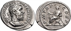 Macrinus. AD 217-218. AR Denarius (20mm, 3.04 g, 12h). Rome mint, 5th officina. 3rd emission, AD 218. Laureate and draped bust right / Macrinus seated left on curule chair, holding globe and short sce