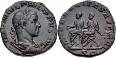 Philip II. AD 247-249. Æ Sestertius (27mm, 18.01 g, 12h). Rome mint, 3rd officina. 11th emission of Philip I, AD 249. Laureate, draped, and cuirassed bust right / Philip I and Philip II seated on sell