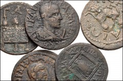 ROMAN. Provincial. Lot of nine (9) bronze coins of Perge in Pamphylia. Includes: Philip I (2) // Philip II // Herennius Etruscus // Valerian // Gallienus (3) // Salonina. Diameters from 21-30mm. Avera