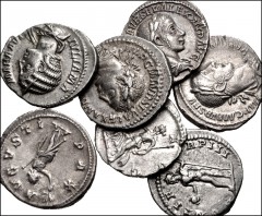 ROMAN. Imperial. Lot of ten (10) Denarii from Caracalla to Gordian III. All silver unless otherwise noted. Caracalla // Macrinus. Æ Base metal imitation // Severus Alexander (3) // Julia Mamaea // Max
