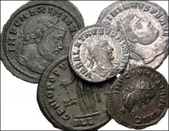 ROMAN. Imperial. Lot of five (5) Antoniniani and Æ Folles from Aurelian to Galerius. Includes: Aurelian, with Vabalathus. Antoninianus (2) // Maximianus. Æ Follis // Galerius. Æ Follis (2). Average Go