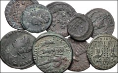 ROMAN. Imperial. Lot of thirty-seven (37) late Roman bronze coins. Includes: various types and mints from Constantius II to Theodosius I. Fine to VF. LOT SOLD AS IS, NO RETURNS. Thirty-seven (37) coin