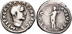 Galba. AD 68-69. AR Denarius (19mm, 3.18 g, 5h). Rome mint. Struck circa July AD 68-January AD 69. Laureate head right / Livia standing left, holding patera and scepter. RIC I 186; RSC 55. Good Fine, 